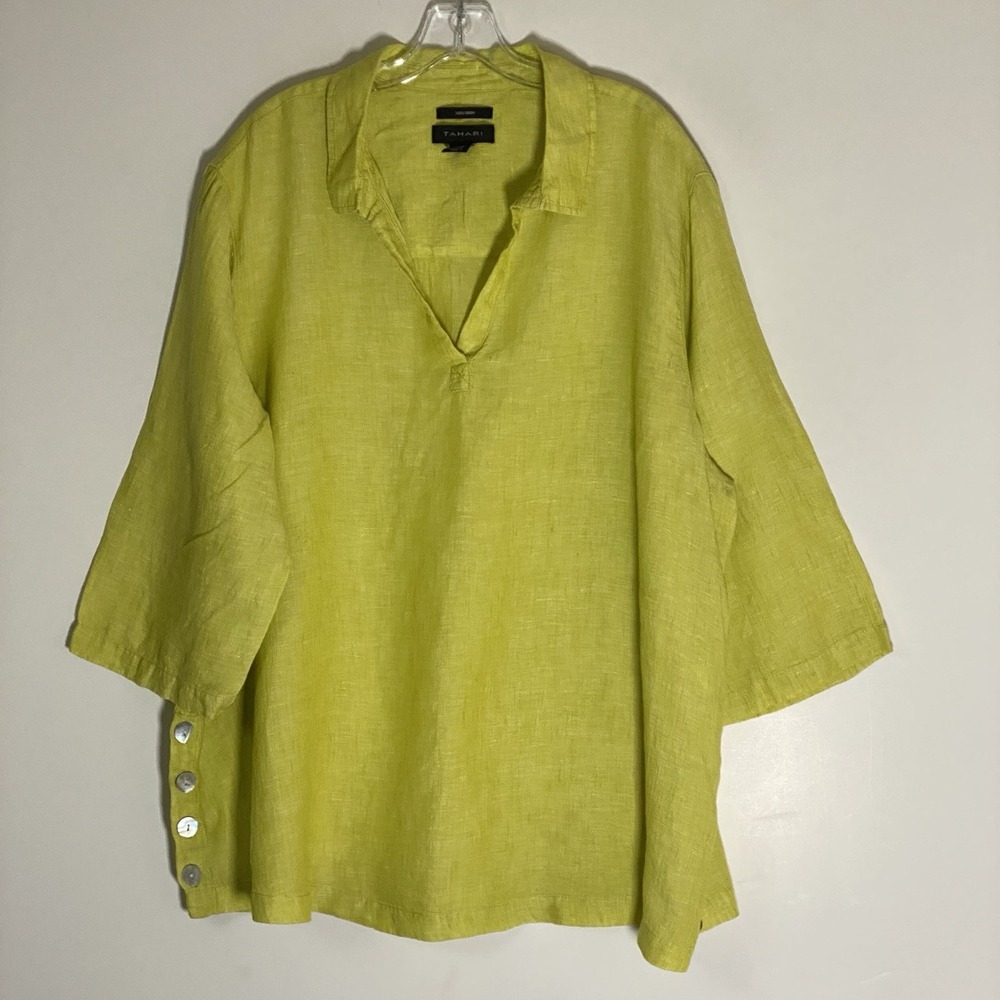 Tahari Top Womens 3X Yellow 100% Linen Oversized Tunic Lagenlook Coastal Beach
